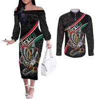 Mexico Eagle Spirit Personalized Couples Matching Off The Shoulder Long Sleeve Dress and Long Sleeve Button Shirt Ancient Aztec Pattern - Wonder Print Shop