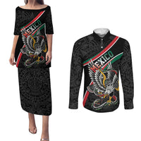 Mexico Eagle Spirit Personalized Couples Matching Puletasi and Long Sleeve Button Shirt Ancient Aztec Pattern - Wonder Print Shop