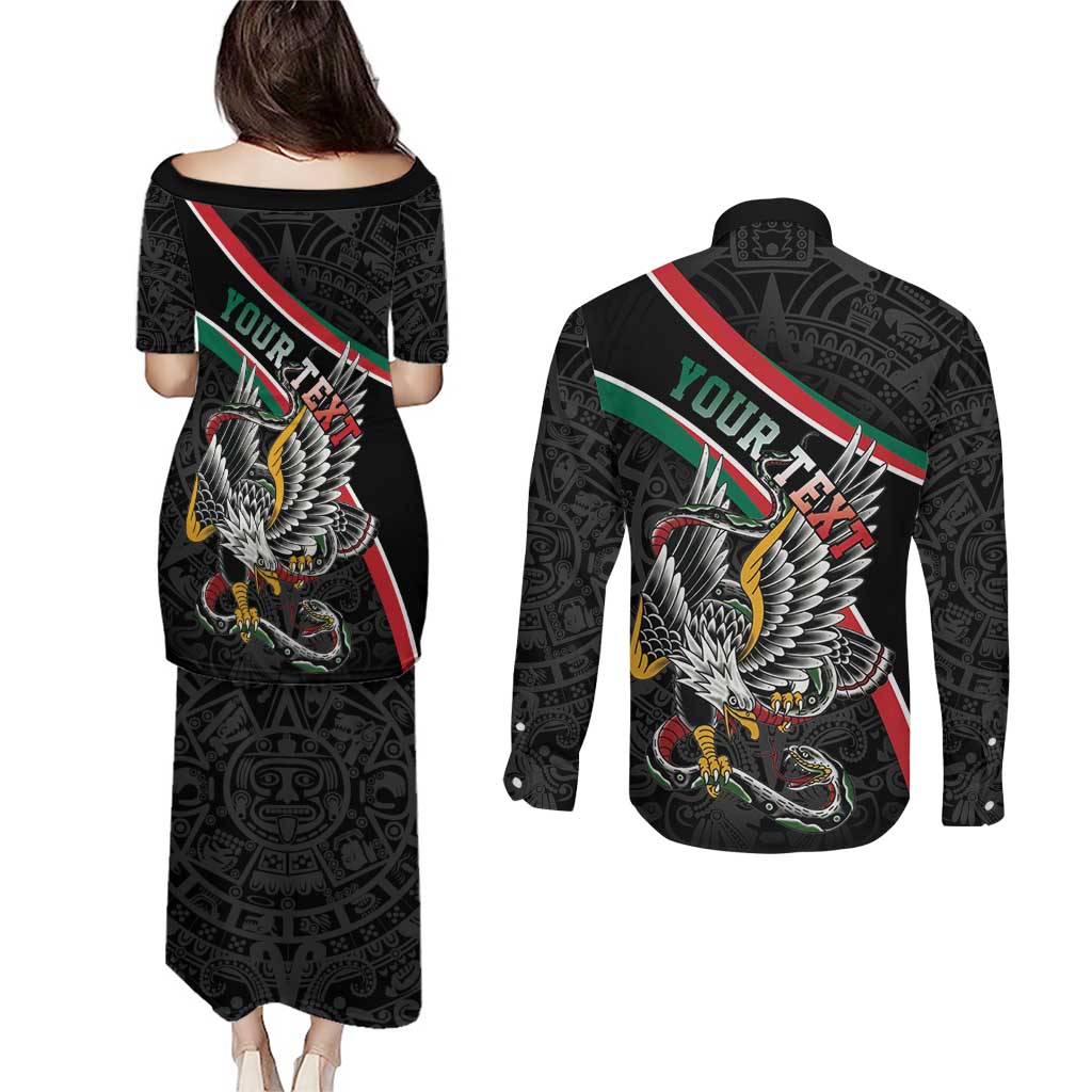 Mexico Eagle Spirit Personalized Couples Matching Puletasi and Long Sleeve Button Shirt Ancient Aztec Pattern - Wonder Print Shop