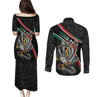 Mexico Eagle Spirit Personalized Couples Matching Puletasi and Long Sleeve Button Shirt Ancient Aztec Pattern - Wonder Print Shop