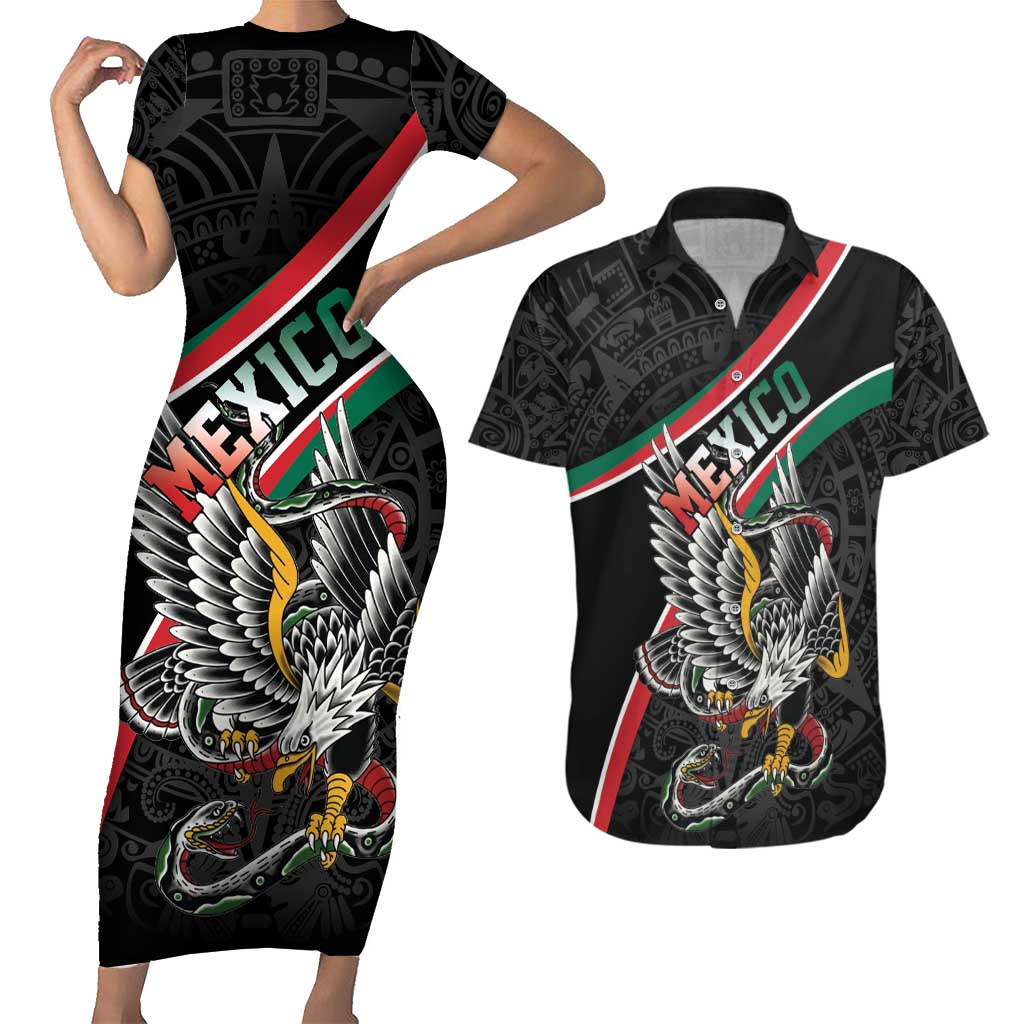 Mexico Eagle Spirit Personalized Couples Matching Short Sleeve Bodycon Dress and Hawaiian Shirt Ancient Aztec Pattern - Wonder Print Shop