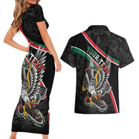 Mexico Eagle Spirit Personalized Couples Matching Short Sleeve Bodycon Dress and Hawaiian Shirt Ancient Aztec Pattern - Wonder Print Shop