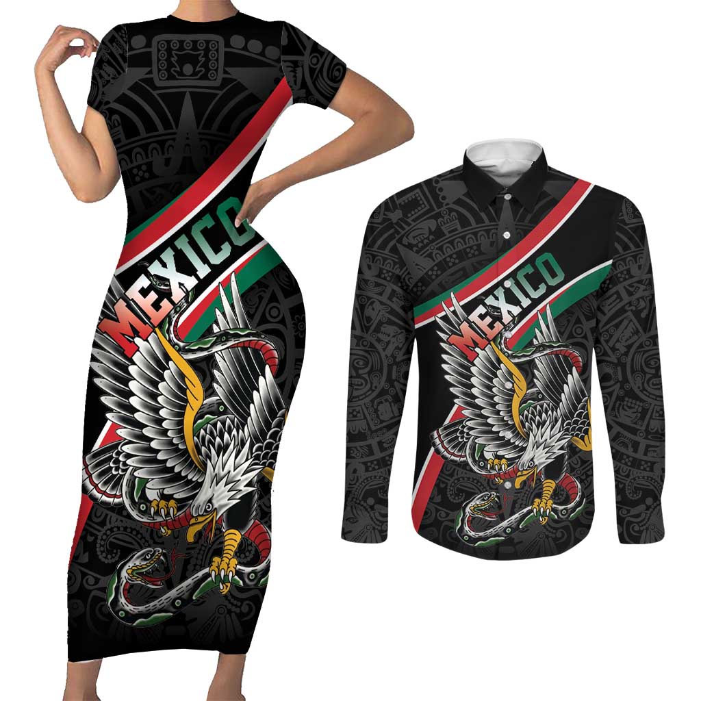 Mexico Eagle Spirit Personalized Couples Matching Short Sleeve Bodycon Dress and Long Sleeve Button Shirt Ancient Aztec Pattern - Wonder Print Shop