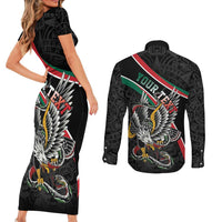 Mexico Eagle Spirit Personalized Couples Matching Short Sleeve Bodycon Dress and Long Sleeve Button Shirt Ancient Aztec Pattern - Wonder Print Shop