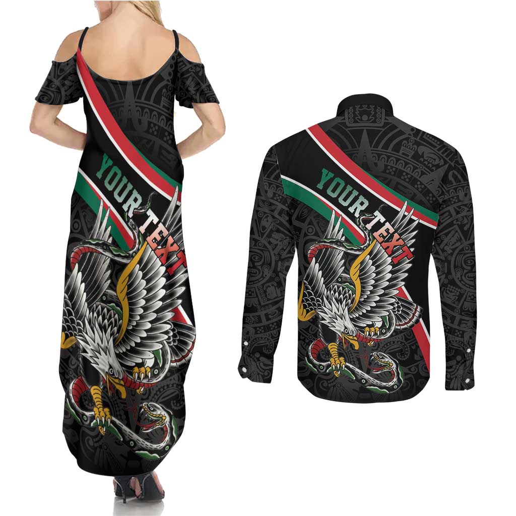 Mexico Eagle Spirit Personalized Couples Matching Summer Maxi Dress and Long Sleeve Button Shirt Ancient Aztec Pattern - Wonder Print Shop