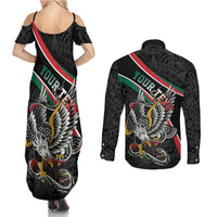 Mexico Eagle Spirit Personalized Couples Matching Summer Maxi Dress and Long Sleeve Button Shirt Ancient Aztec Pattern - Wonder Print Shop