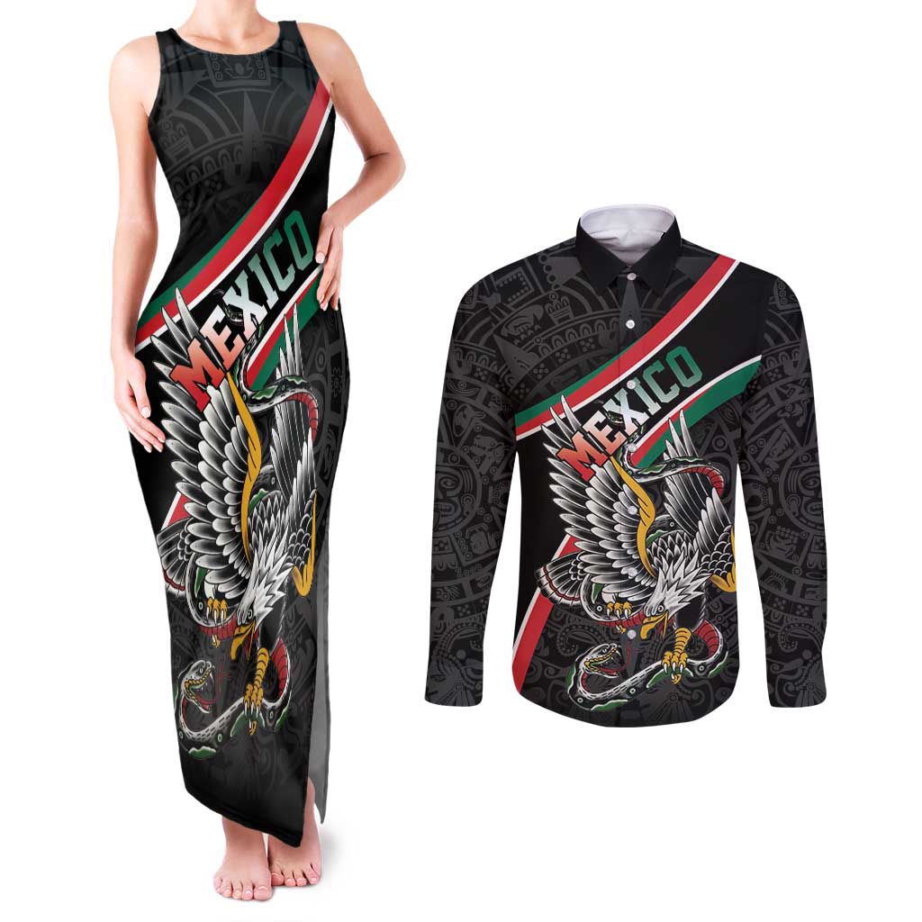 Mexico Eagle Spirit Personalized Couples Matching Tank Maxi Dress and Long Sleeve Button Shirt Ancient Aztec Pattern - Wonder Print Shop