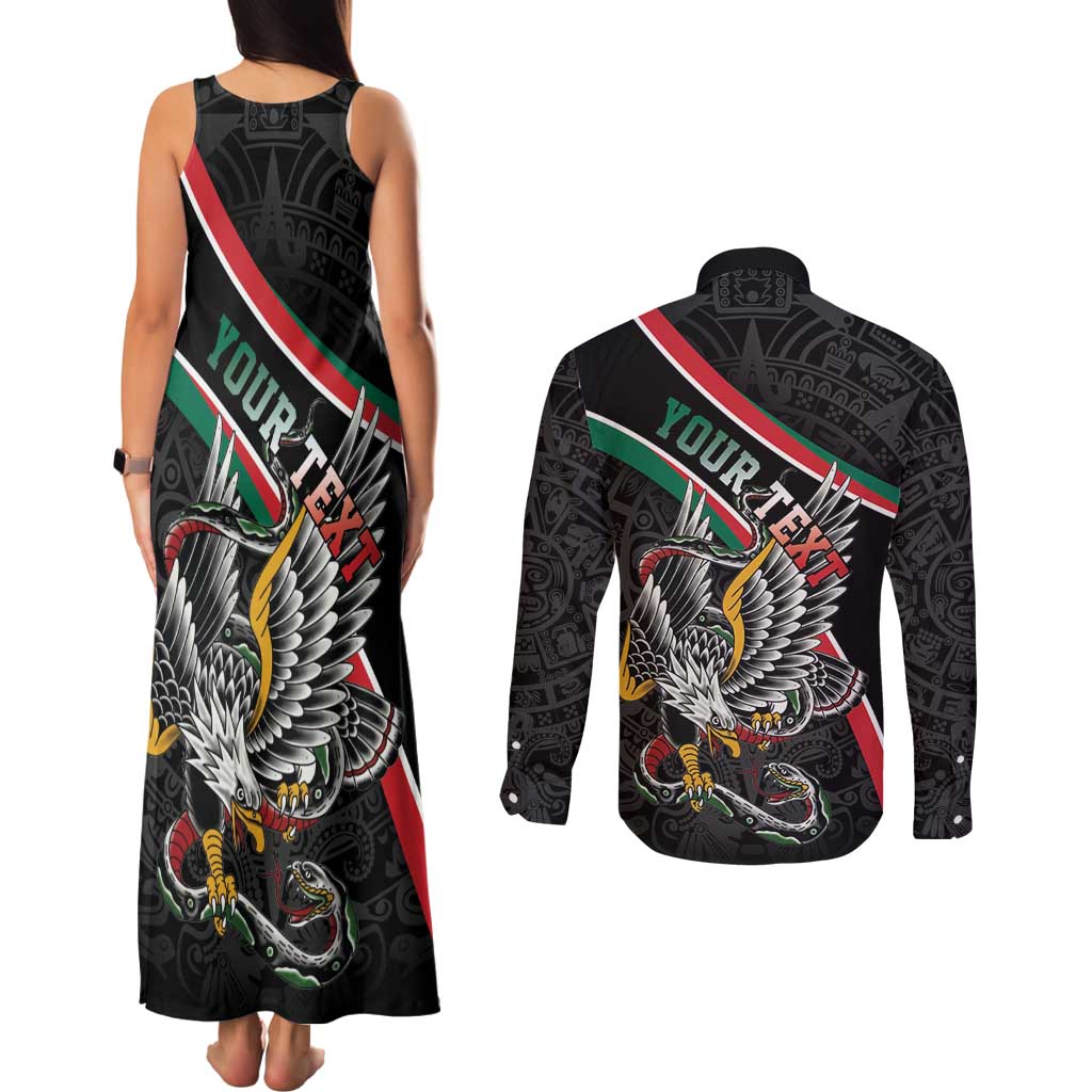 Mexico Eagle Spirit Personalized Couples Matching Tank Maxi Dress and Long Sleeve Button Shirt Ancient Aztec Pattern - Wonder Print Shop