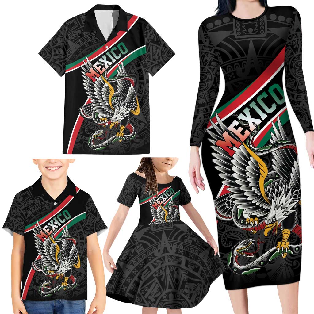 Mexico Eagle Spirit Personalized Family Matching Long Sleeve Bodycon Dress and Hawaiian Shirt Ancient Aztec Pattern - Wonder Print Shop