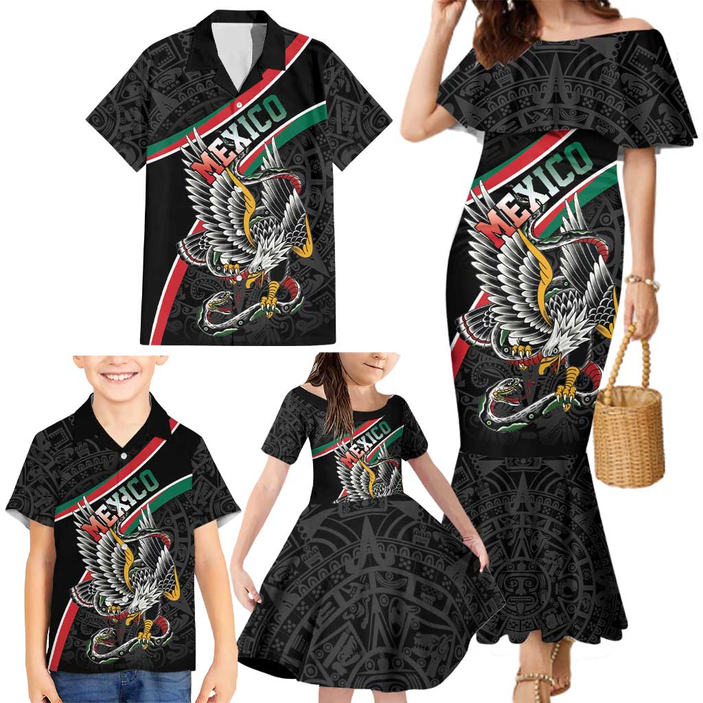 Mexico Eagle Spirit Personalized Family Matching Mermaid Dress and Hawaiian Shirt Ancient Aztec Pattern - Wonder Print Shop