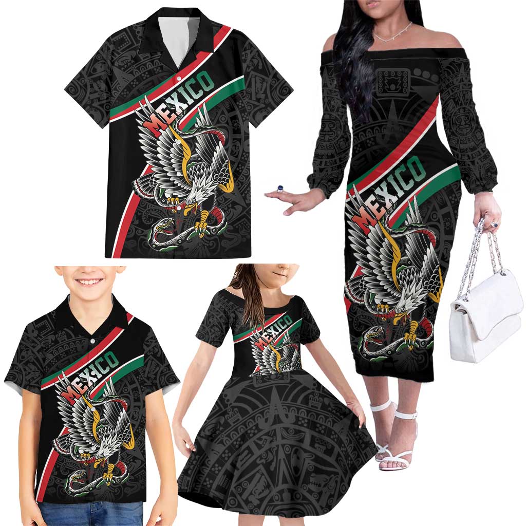 Mexico Eagle Spirit Personalized Family Matching Off The Shoulder Long Sleeve Dress and Hawaiian Shirt Ancient Aztec Pattern - Wonder Print Shop