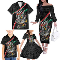 Mexico Eagle Spirit Personalized Family Matching Off The Shoulder Long Sleeve Dress and Hawaiian Shirt Ancient Aztec Pattern - Wonder Print Shop