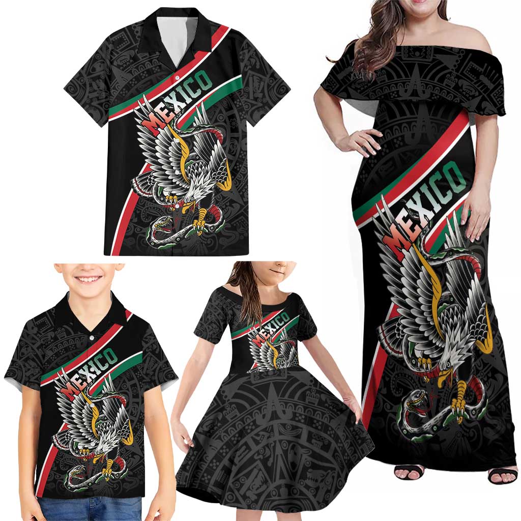 Mexico Eagle Spirit Personalized Family Matching Off Shoulder Maxi Dress and Hawaiian Shirt Ancient Aztec Pattern - Wonder Print Shop