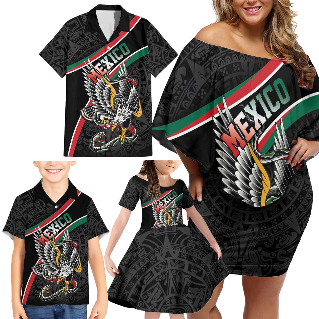 Mexico Eagle Spirit Personalized Family Matching Off Shoulder Short Dress and Hawaiian Shirt Ancient Aztec Pattern - Wonder Print Shop