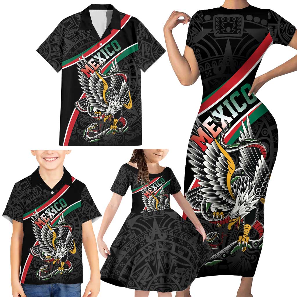 Mexico Eagle Spirit Personalized Family Matching Short Sleeve Bodycon Dress and Hawaiian Shirt Ancient Aztec Pattern - Wonder Print Shop