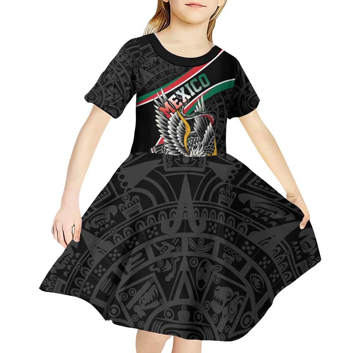 Mexico Eagle Spirit Personalized Kid Short Sleeve Dress Ancient Aztec Pattern - Wonder Print Shop