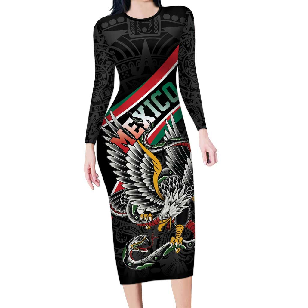 Mexico Eagle Spirit Personalized Long Sleeve Bodycon Dress Ancient Aztec Pattern - Wonder Print Shop