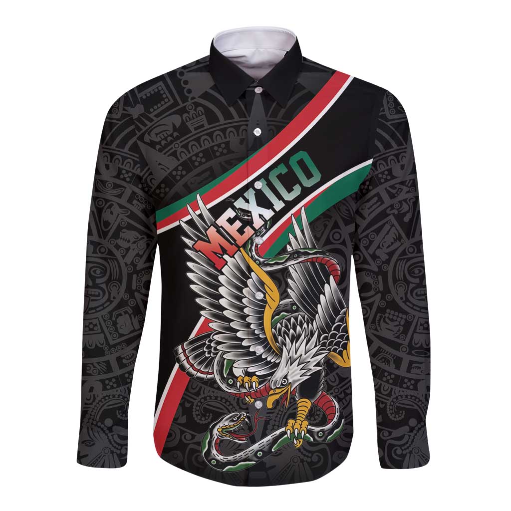 Mexico Eagle Spirit Personalized Long Sleeve Button Shirt Ancient Aztec Pattern - Wonder Print Shop