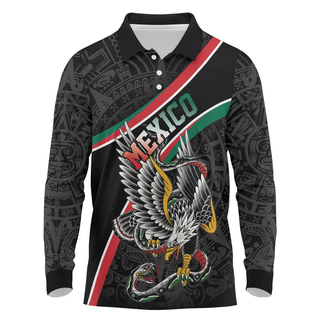 Mexico Eagle Spirit Personalized Long Sleeve Polo Shirt Ancient Aztec Pattern - Wonder Print Shop