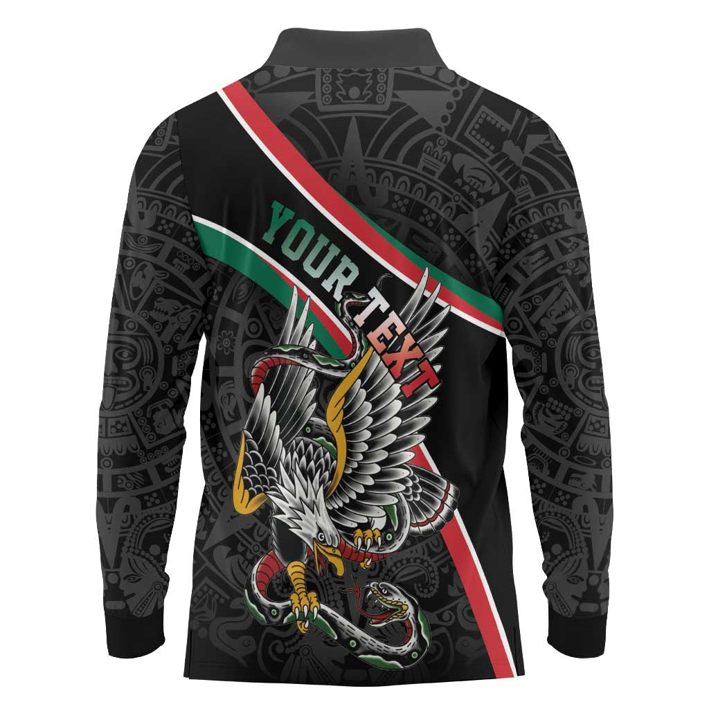 Mexico Eagle Spirit Personalized Long Sleeve Polo Shirt Ancient Aztec Pattern - Wonder Print Shop