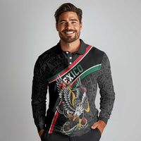 Mexico Eagle Spirit Personalized Long Sleeve Polo Shirt Ancient Aztec Pattern - Wonder Print Shop