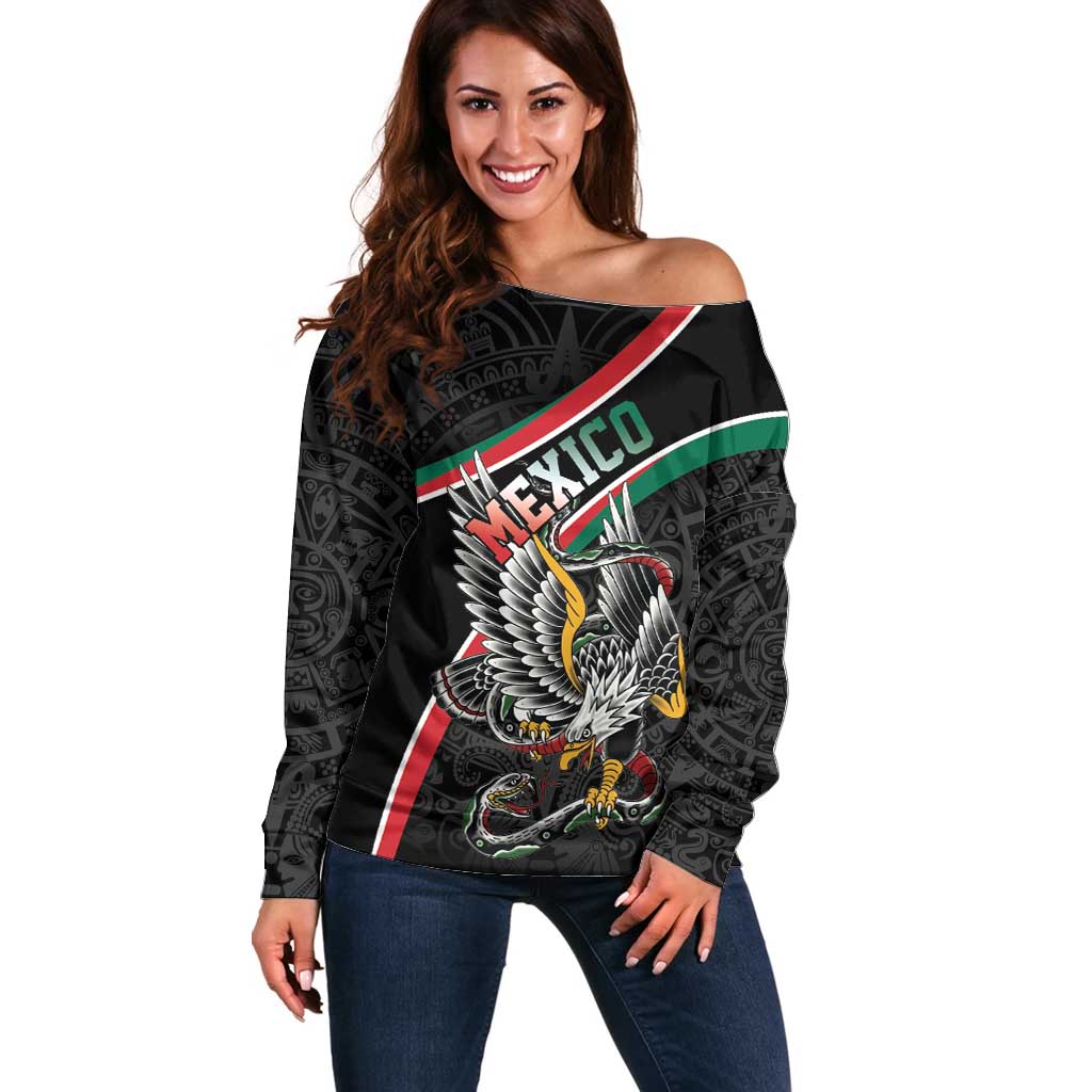 Mexico Eagle Spirit Personalized Off Shoulder Sweater Ancient Aztec Pattern - Wonder Print Shop