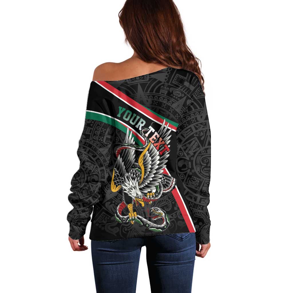 Mexico Eagle Spirit Personalized Off Shoulder Sweater Ancient Aztec Pattern - Wonder Print Shop