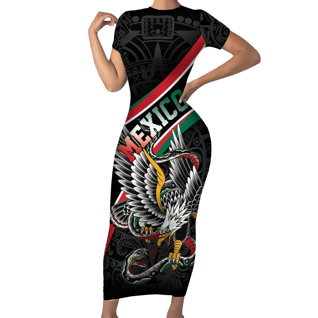 Mexico Eagle Spirit Personalized Short Sleeve Bodycon Dress Ancient Aztec Pattern - Wonder Print Shop