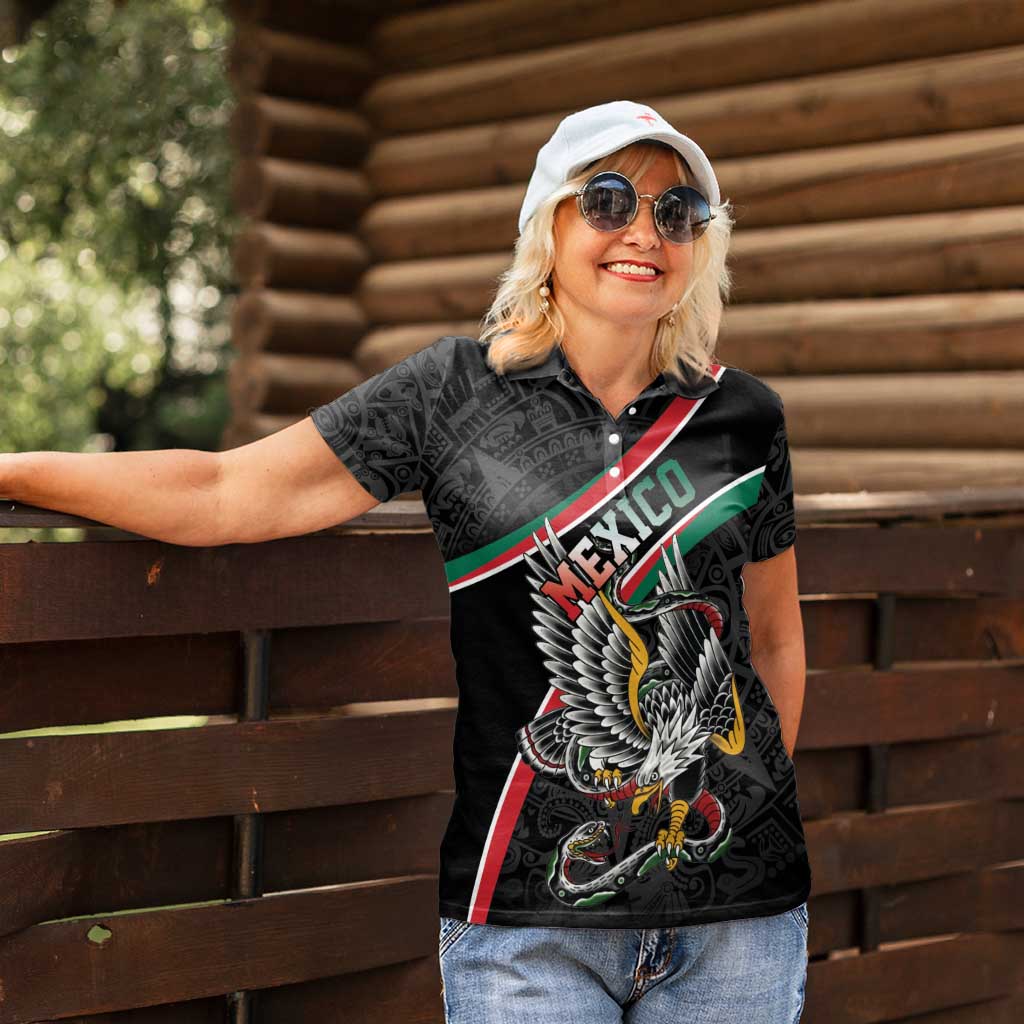 Mexico Eagle Spirit Personalized Women Polo Shirt Ancient Aztec Pattern - Wonder Print Shop