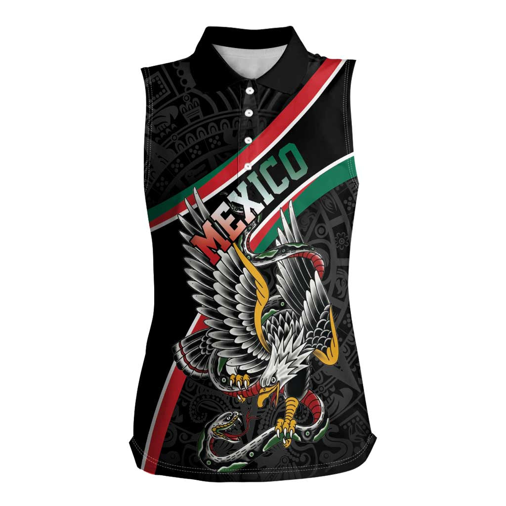 Mexico Eagle Spirit Personalized Women Sleeveless Polo Shirt Ancient Aztec Pattern - Wonder Print Shop