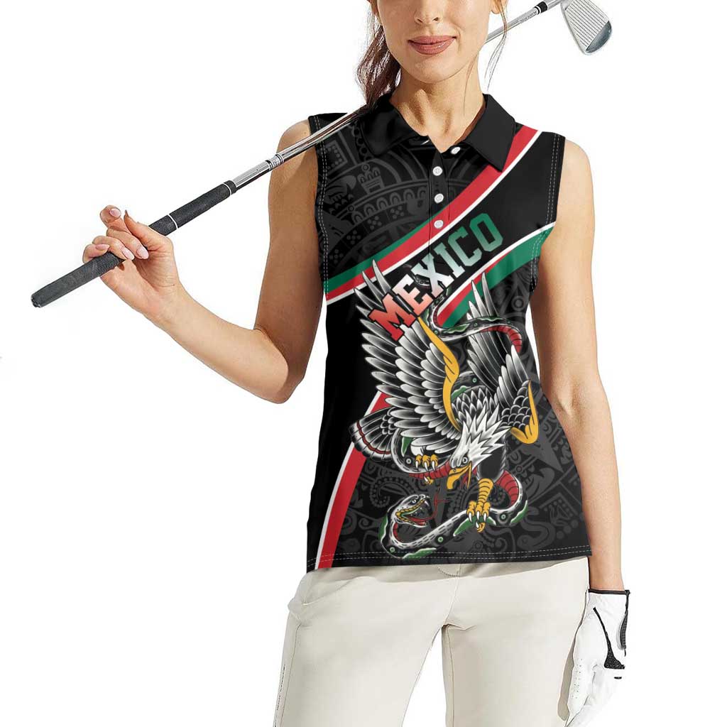 Mexico Eagle Spirit Personalized Women Sleeveless Polo Shirt Ancient Aztec Pattern - Wonder Print Shop