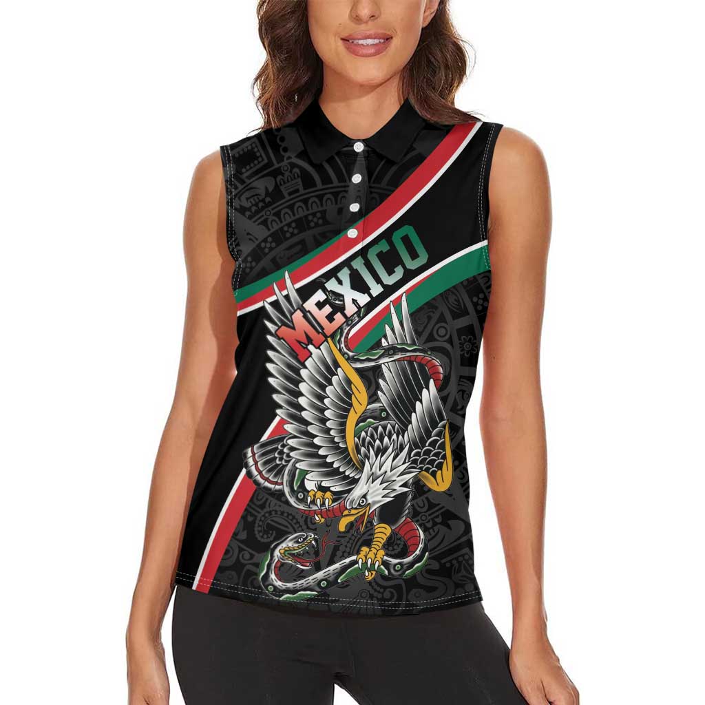 Mexico Eagle Spirit Personalized Women Sleeveless Polo Shirt Ancient Aztec Pattern - Wonder Print Shop