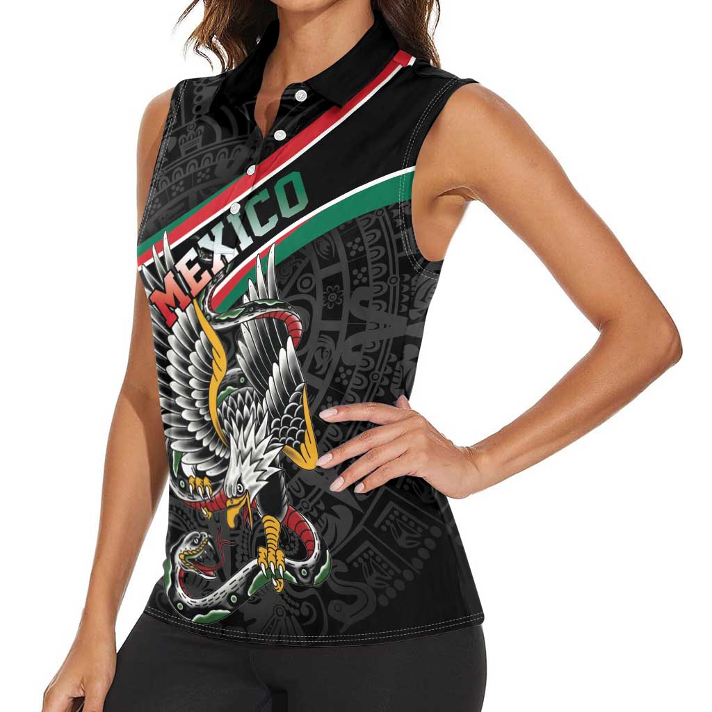 Mexico Eagle Spirit Personalized Women Sleeveless Polo Shirt Ancient Aztec Pattern - Wonder Print Shop