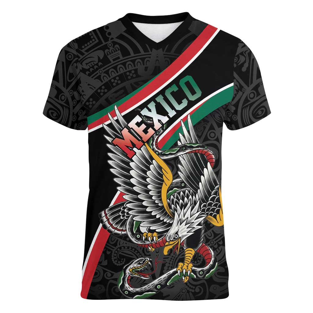 Mexico Eagle Spirit Personalized Women V-Neck T-Shirt Ancient Aztec Pattern - Wonder Print Shop