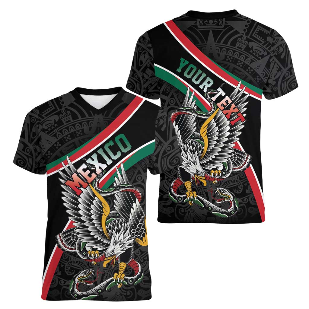 Mexico Eagle Spirit Personalized Women V-Neck T-Shirt Ancient Aztec Pattern - Wonder Print Shop