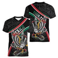 Mexico Eagle Spirit Personalized Women V-Neck T-Shirt Ancient Aztec Pattern - Wonder Print Shop