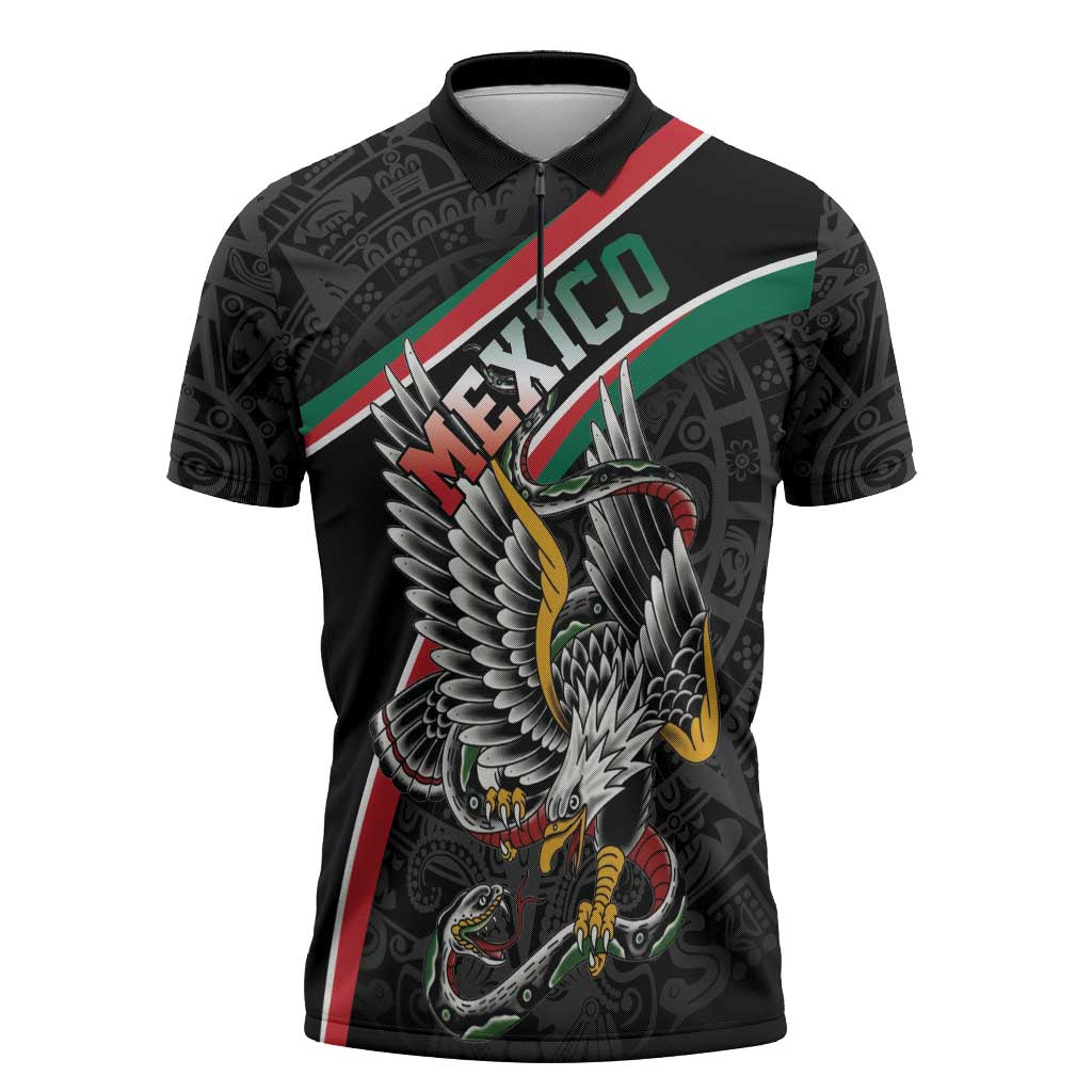 Mexico Eagle Spirit Personalized Zipper Polo Shirt Ancient Aztec Pattern - Wonder Print Shop