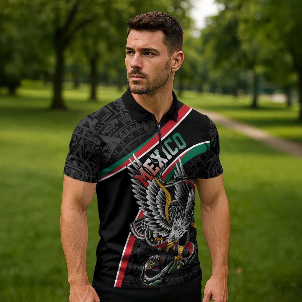 Mexico Eagle Spirit Personalized Zipper Polo Shirt Ancient Aztec Pattern - Wonder Print Shop