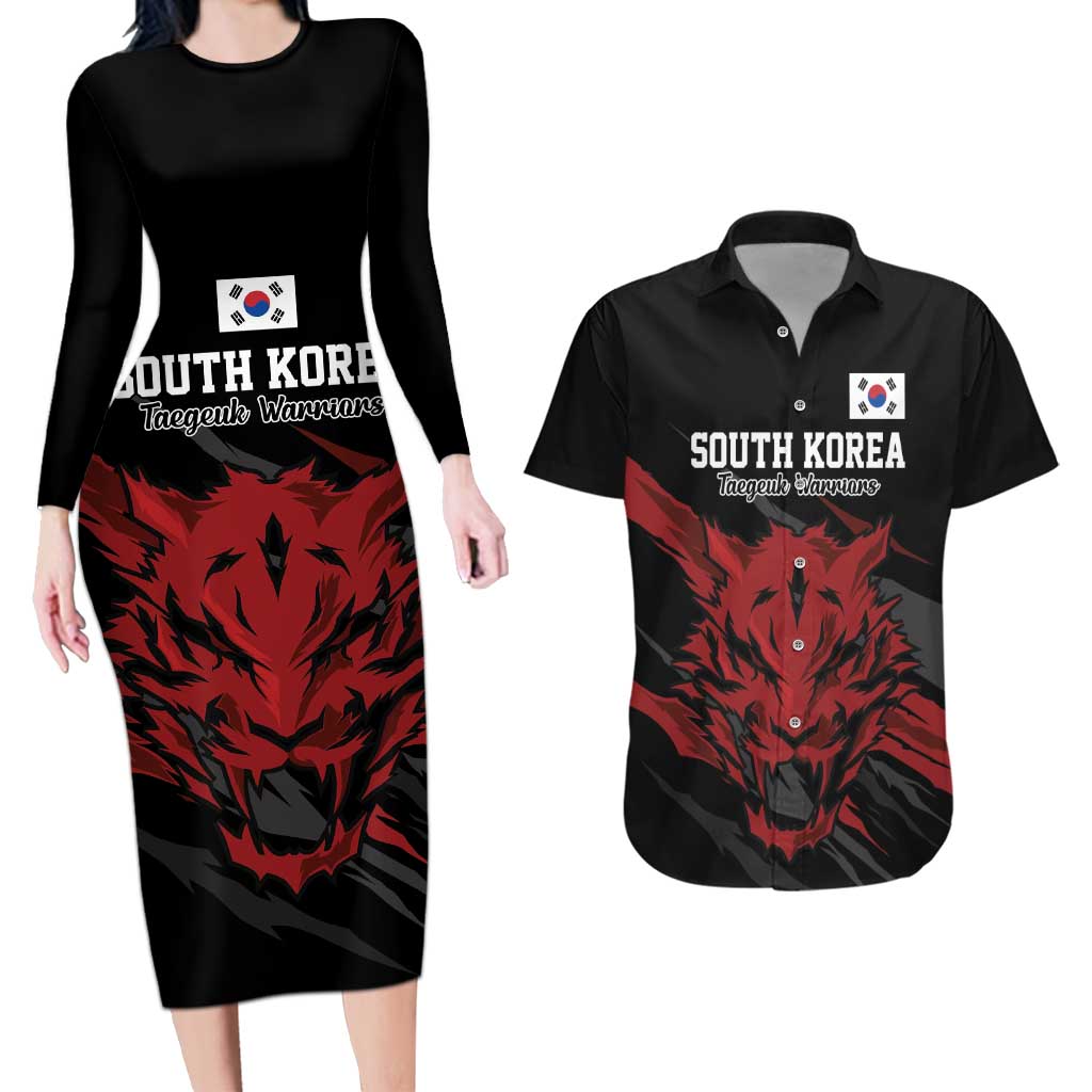 Custom South Korea Football Couples Matching Long Sleeve Bodycon Dress and Hawaiian Shirt Taegeuk Warriors Spirit - Wonder Print Shop