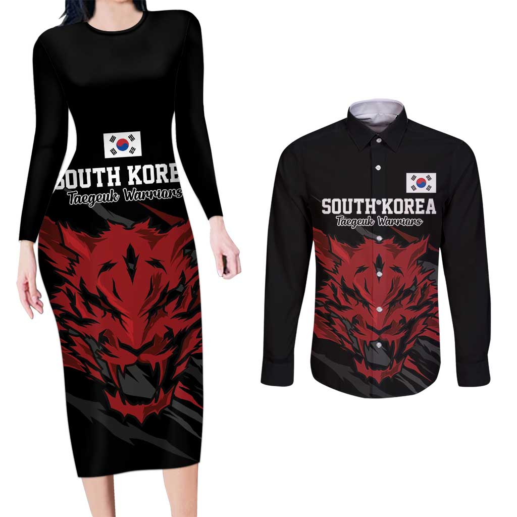 Custom South Korea Football Couples Matching Long Sleeve Bodycon Dress and Long Sleeve Button Shirt Taegeuk Warriors Spirit - Wonder Print Shop