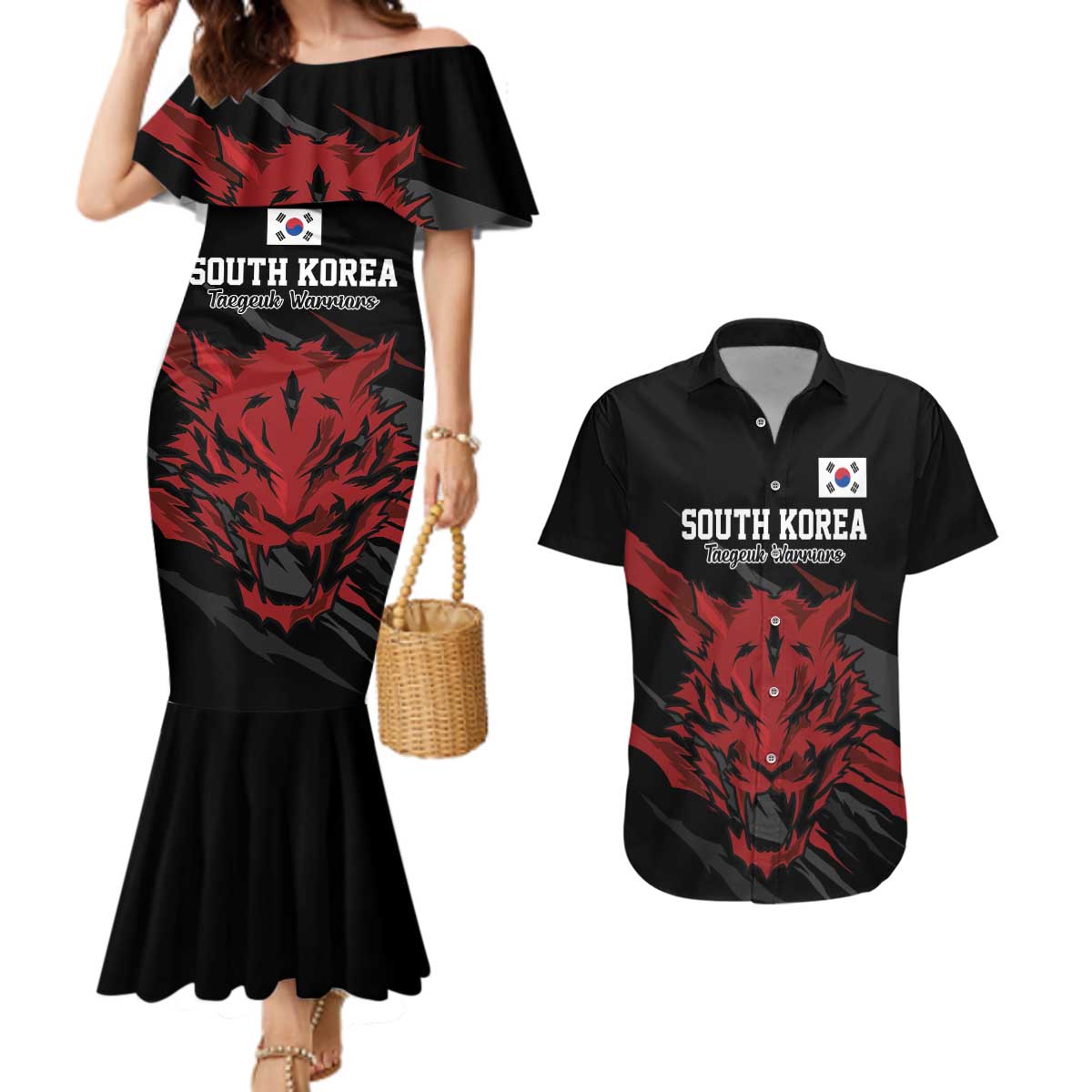 Custom South Korea Football Couples Matching Mermaid Dress and Hawaiian Shirt Taegeuk Warriors Spirit - Wonder Print Shop