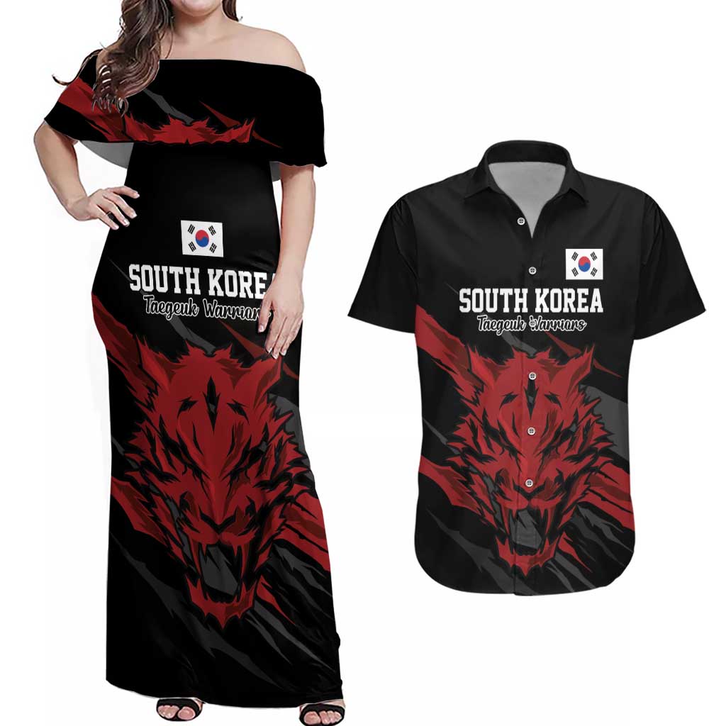 Custom South Korea Football Couples Matching Off Shoulder Maxi Dress and Hawaiian Shirt Taegeuk Warriors Spirit - Wonder Print Shop