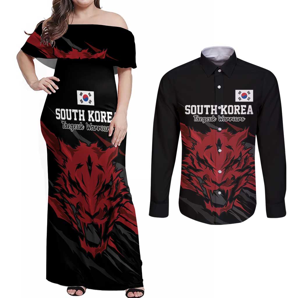 Custom South Korea Football Couples Matching Off Shoulder Maxi Dress and Long Sleeve Button Shirt Taegeuk Warriors Spirit - Wonder Print Shop
