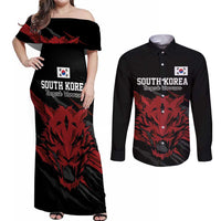 Custom South Korea Football Couples Matching Off Shoulder Maxi Dress and Long Sleeve Button Shirt Taegeuk Warriors Spirit - Wonder Print Shop