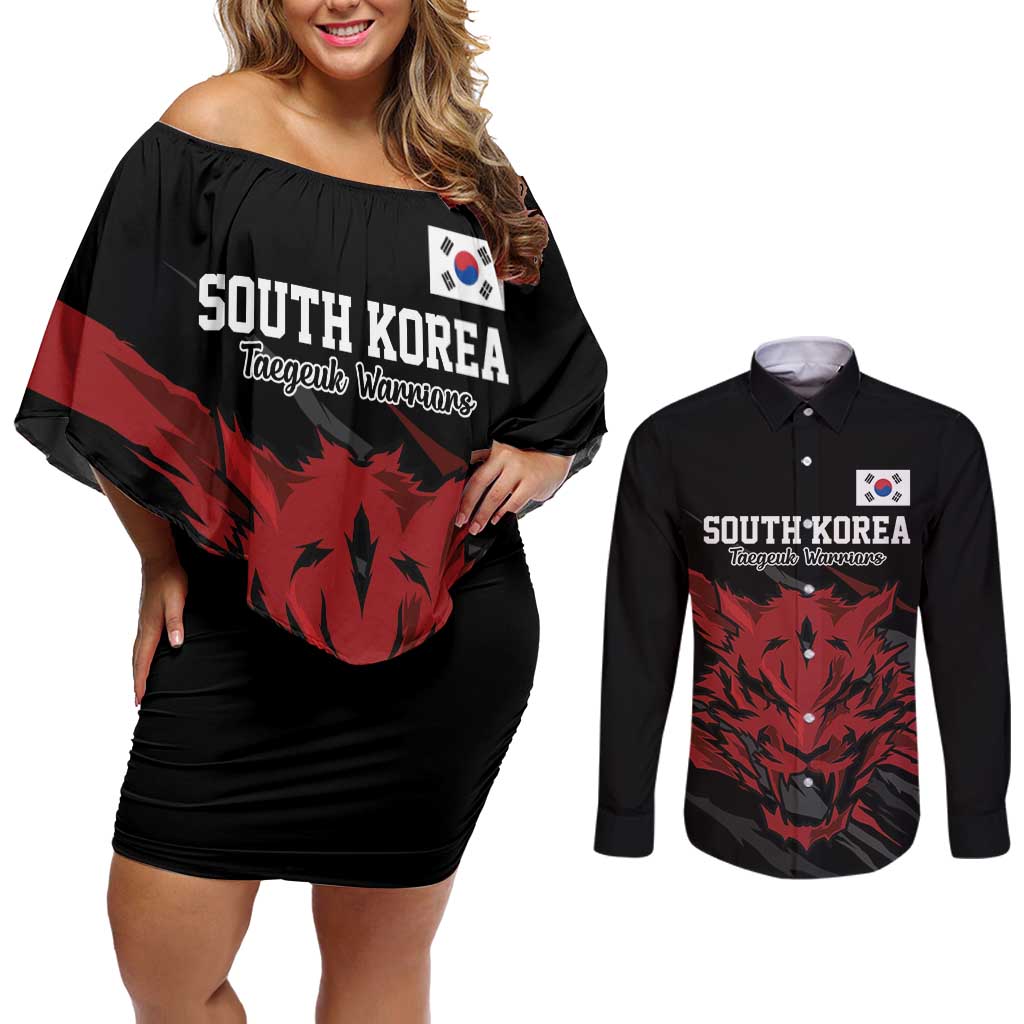 Custom South Korea Football Couples Matching Off Shoulder Short Dress and Long Sleeve Button Shirt Taegeuk Warriors Spirit - Wonder Print Shop