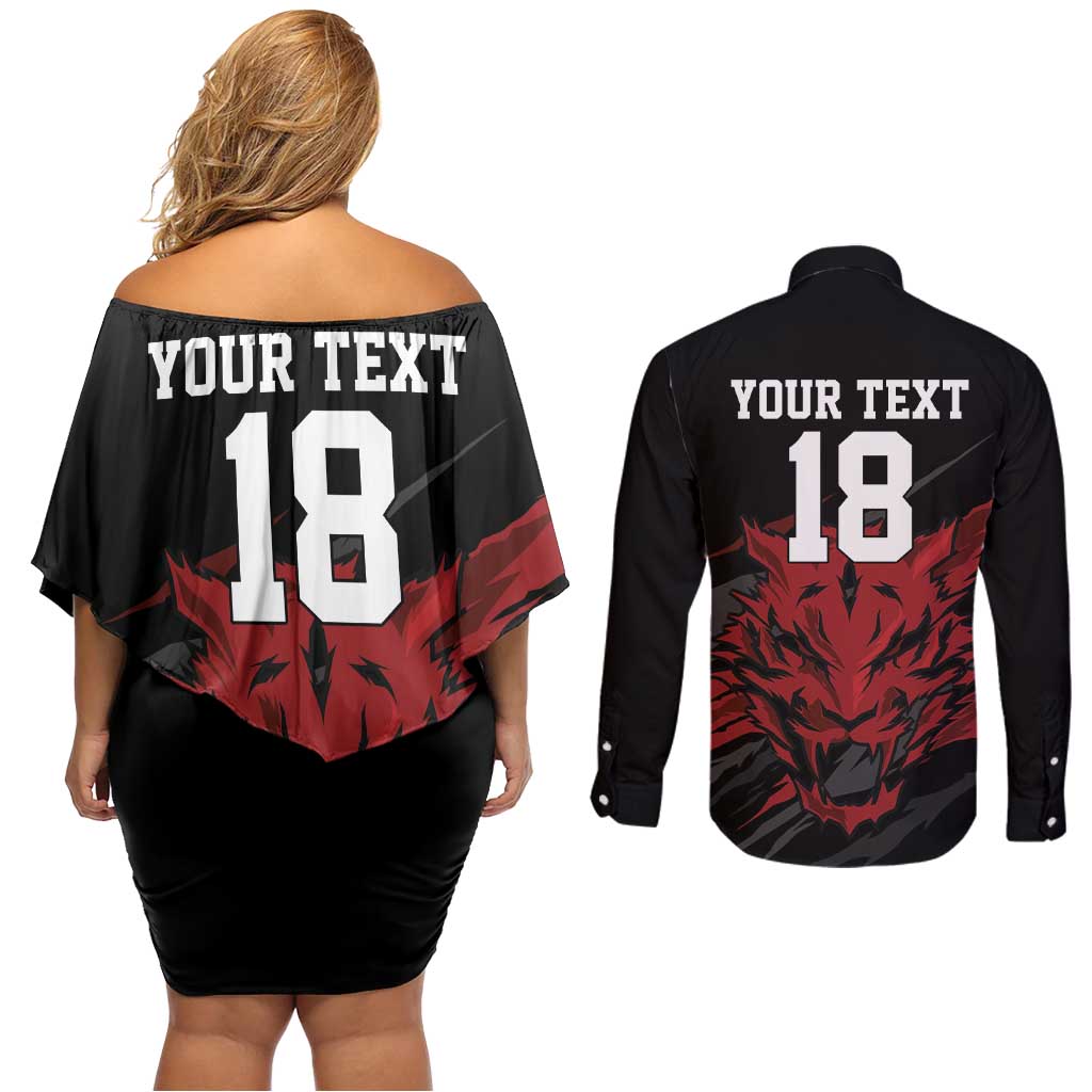 Custom South Korea Football Couples Matching Off Shoulder Short Dress and Long Sleeve Button Shirt Taegeuk Warriors Spirit - Wonder Print Shop