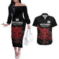 Custom South Korea Football Couples Matching Off The Shoulder Long Sleeve Dress and Hawaiian Shirt Taegeuk Warriors Spirit - Wonder Print Shop