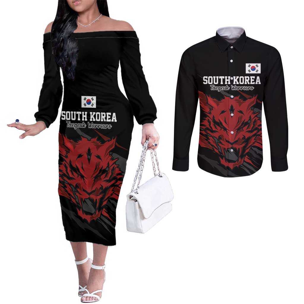 Custom South Korea Football Couples Matching Off The Shoulder Long Sleeve Dress and Long Sleeve Button Shirt Taegeuk Warriors Spirit - Wonder Print Shop