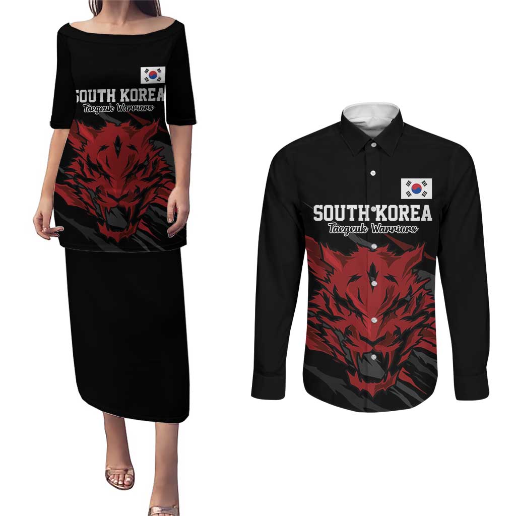Custom South Korea Football Couples Matching Puletasi and Long Sleeve Button Shirt Taegeuk Warriors Spirit - Wonder Print Shop