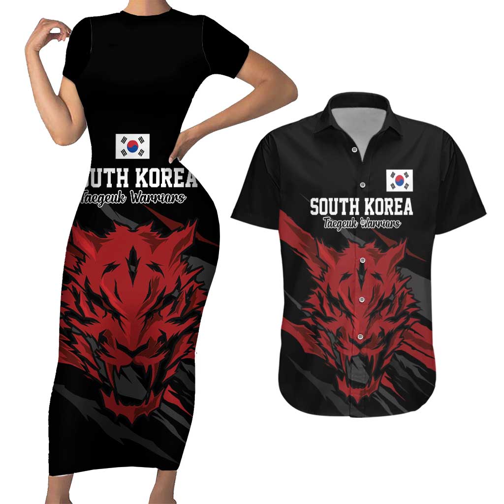Custom South Korea Football Couples Matching Short Sleeve Bodycon Dress and Hawaiian Shirt Taegeuk Warriors Spirit - Wonder Print Shop